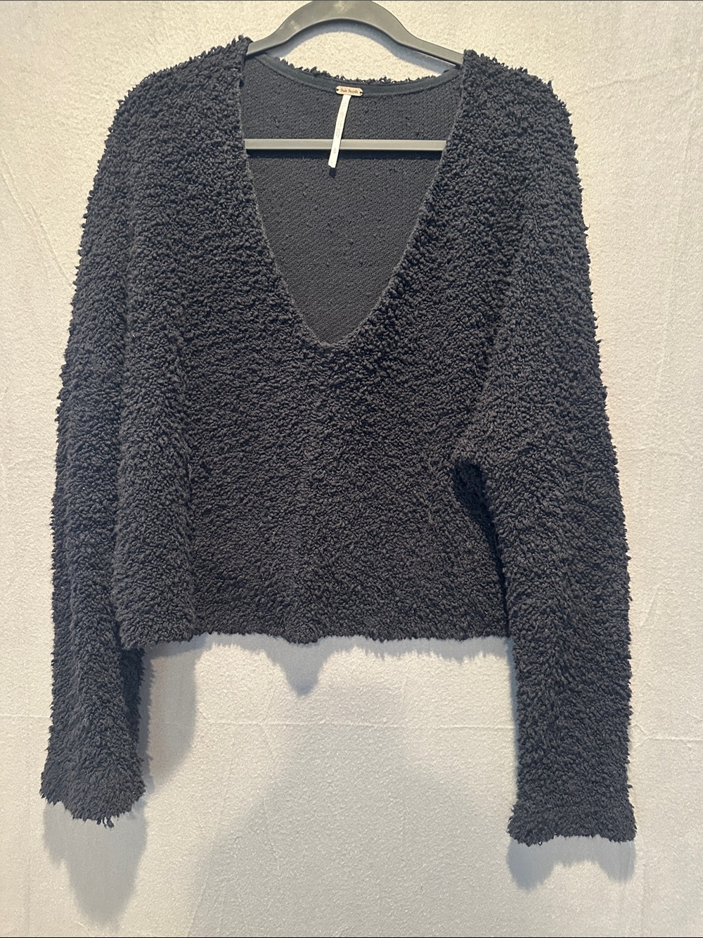 Free People Oversized Black Plush V-Neck Pullover